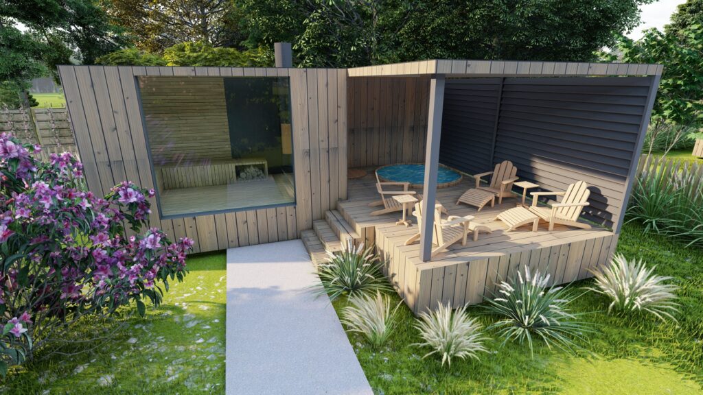 eco lodge en bois avec terrasse et spa