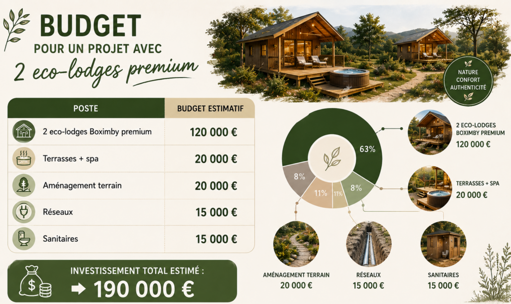 Infographie budget pour créer un micro-camping avec 2 eco-lodges premium