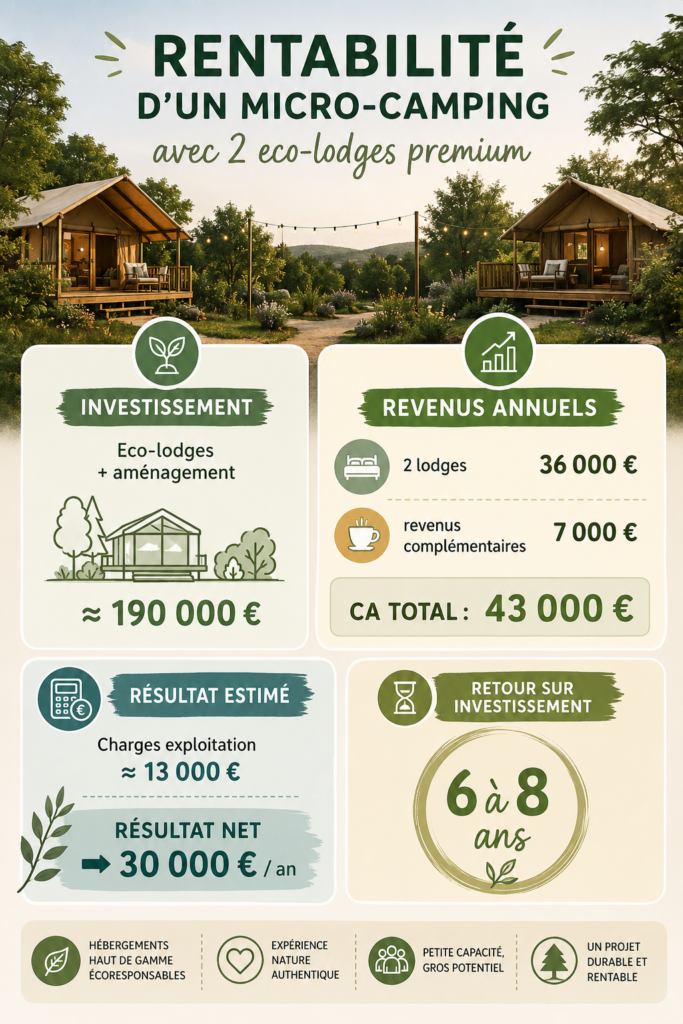 Infographie rentabilité d'un micro camping avec 2 eco lodges
