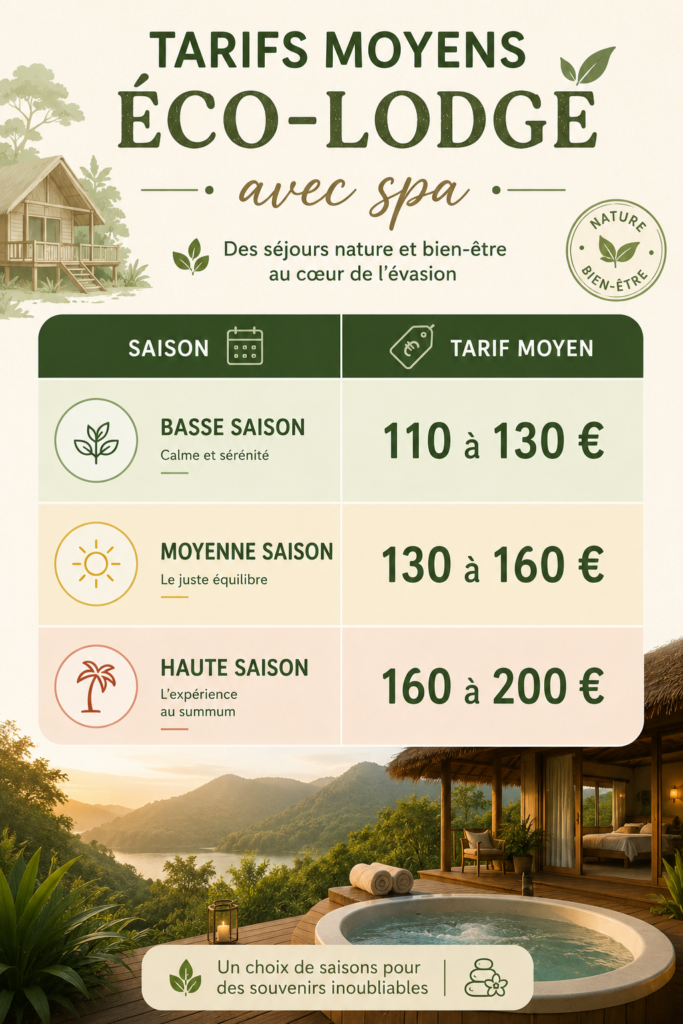 Tarifs moyens d'un éco-lodge avec spa selon la saison : de 110 € à 200 € la nuit