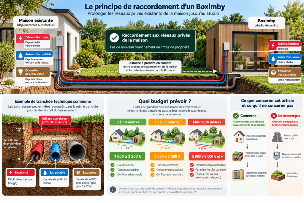 Schéma du raccordement d’un studio de jardin Boximby à l’électricité, à l’eau potable et aux eaux usées de la maison